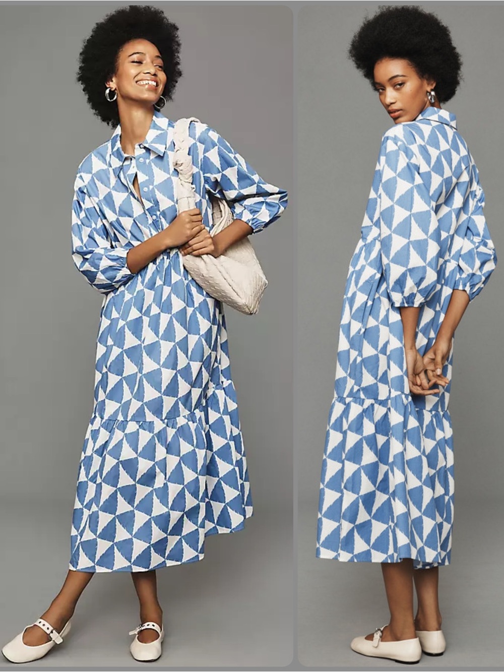 Maeve by Anthropologie Benita Cotton Geometric Print Tiered Midi Shirt Dress